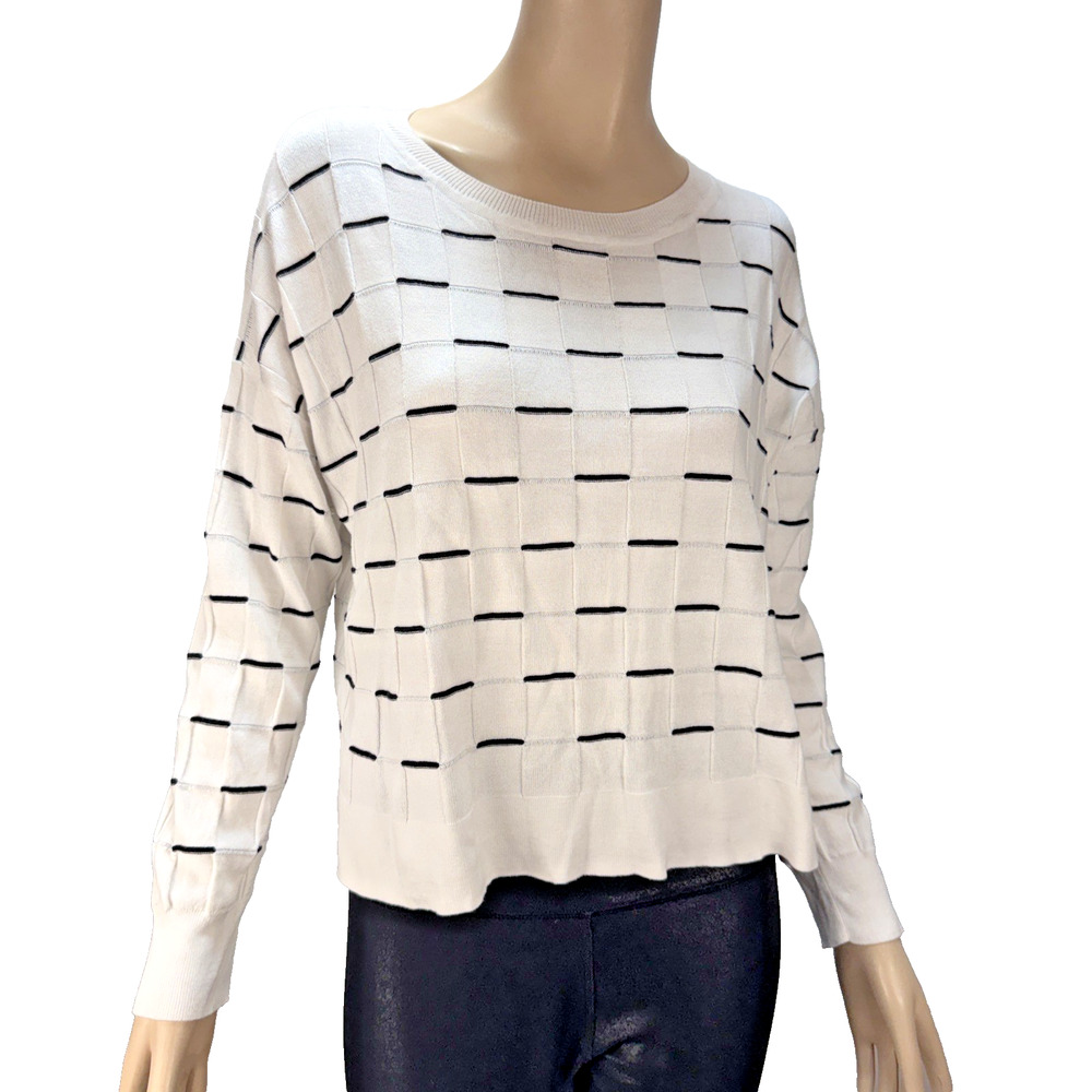 Planet Lauren G Women Bottega Crew Neck Sweater One Size White Black Pima Cotton